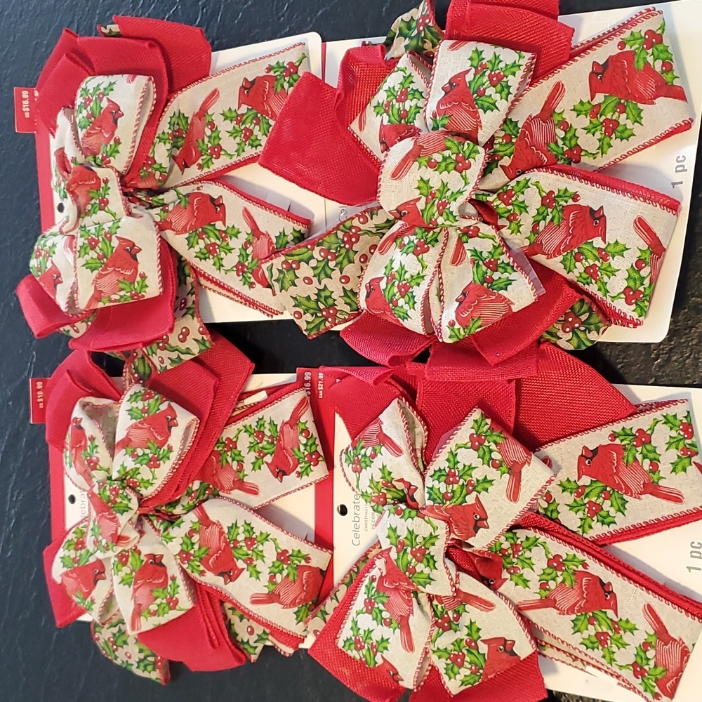 🌲 4 Large Christmas Holiday Bows Large 10"x22" Cardinal Holly Print